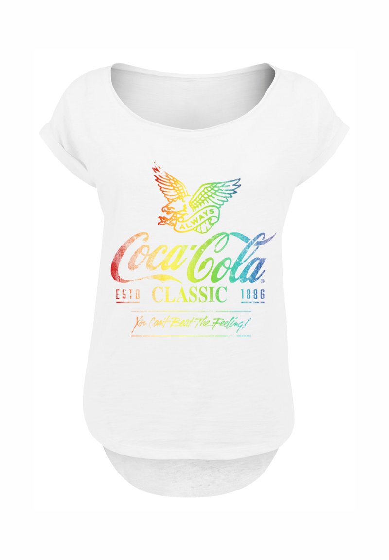White short-sleeve T-shirt featuring a multicolored Coca-Cola logo and eagle design, with the text “You Can’t Beat The Feeling!” at the bottom.