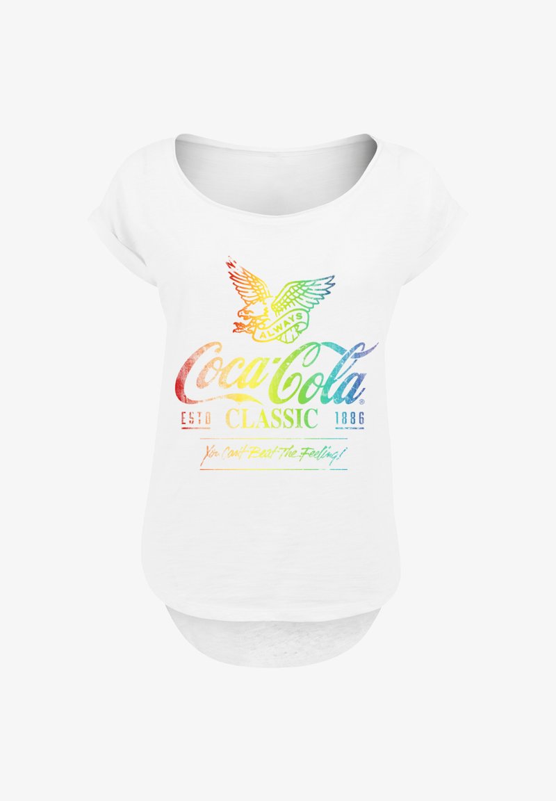 White short-sleeve T-shirt featuring a multicolored Coca-Cola logo and eagle design, with the text “You Can’t Beat The Feeling!” at the bottom.