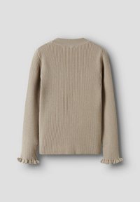 Jersey de rayas beige con mangas largas, que presenta puños con volantes y un escote redondo. Tejido texturizado en toda su extensión. Vista posterior mostrada.