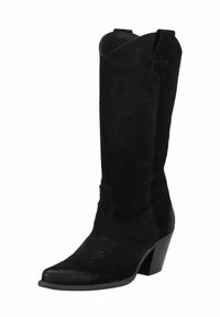 Černá semišová kovbojská bota se středně vysokým zkoseným podpatkem, špičatou špičkou a dekorativním prošitím na přední části a holeních.