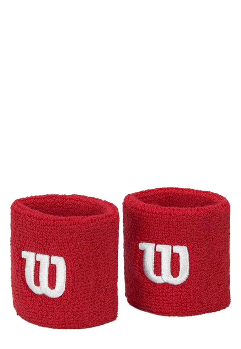 Røde frottéarmbånd med hvidt broderet "W" logo. Cylindrisk form med tekstureret overflade for bedre greb og komfort.