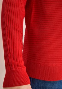 Maglione rosso lavorato a maglia con texture a coste, maniche lunghe e orlo aderente. Il tessuto presenta righe verticali e orizzontali per un tocco di dettaglio in più.