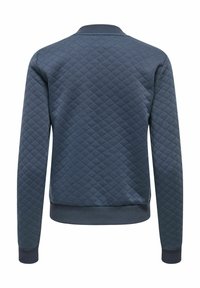 Sweat-shirt matelassé bleu marine à manches longues avec poignets, ourlet et col côtelés, vu de dos.