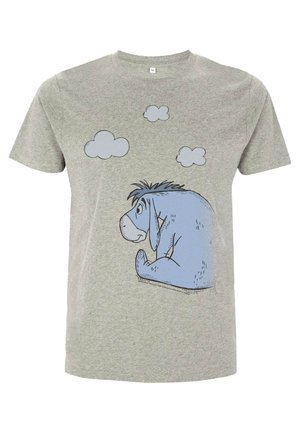 Grey cotton T-shirt featuring a blue illustration of Eeyore and three light grey clouds printed on the front in black outlines.