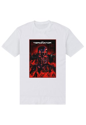 Hvid bomulds t-shirt med et rød- og sort grafisk tryk af et robotkranium i flammer med teksten "The Terminator" ovenfor.