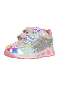 Colorful athletic shoe featuring a shiny iridescent upper, silver accents, two Velcro straps, and a pink rubber sole with air cushioning.