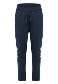 Marina joggingbyxor med resårmidja, dragsko, sidofickor och kontrasterande blå paneler med vita ränder längs benen.