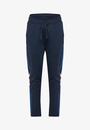 Marineblaue Jogginghose mit elastischem Bund, Kordelzug, Seiten Taschen und kontrastierenden blauen Einsätzen mit weißen Streifen entlang der Beine.