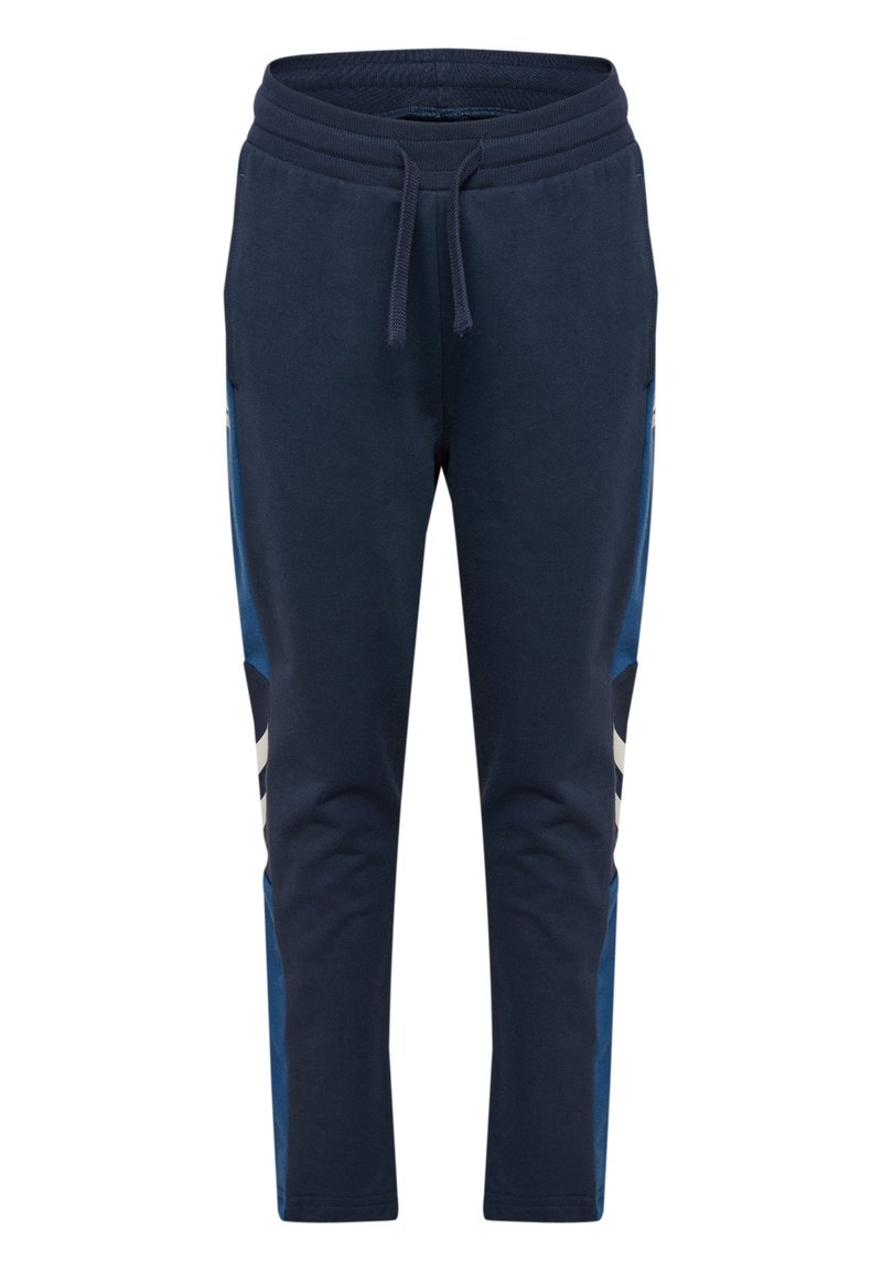 Marina joggingbyxor med resårmidja, dragsko, sidofickor och kontrasterande blå paneler med vita ränder längs benen.