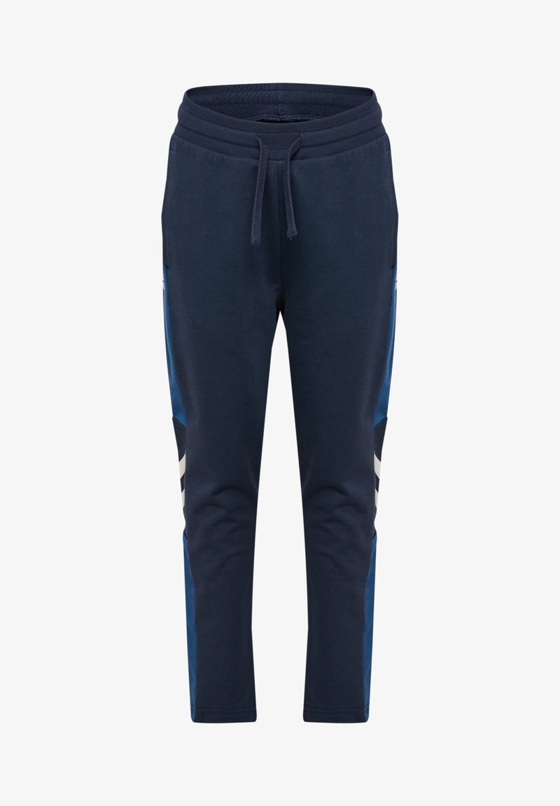 Marina joggingbyxor med resårmidja, dragsko, sidofickor och kontrasterande blå paneler med vita ränder längs benen.