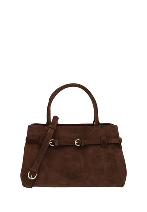 Brown suede handbag with a structured shape, dual top handles, and a detachable strap. Features silver hardware and a belt-like accent.