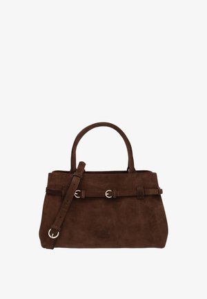 Brown suede handbag with a structured shape, dual top handles, and a detachable strap. Features silver hardware and a belt-like accent.