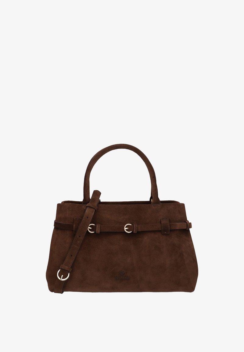 Brown suede handbag with a structured shape, dual top handles, and a detachable strap. Features silver hardware and a belt-like accent.