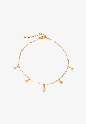 Gouden kettingarmband met geometrische bedels: twee driehoeken, één ster, één kristaldruppel, voorzien van een karabijnsluiting en een verlengketting voor een verstelbare pasvorm.