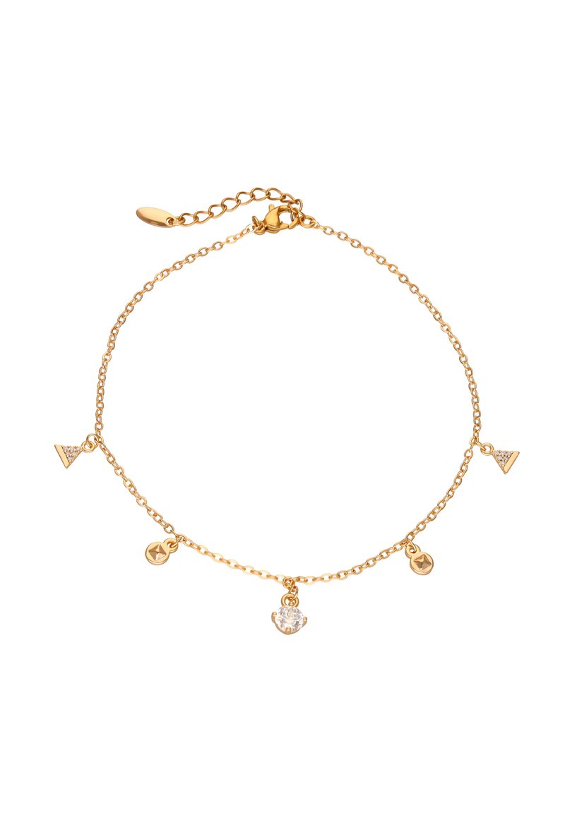 Aranylánc karkötő geometrikus medálokkal: két háromszög, egy csillag, egy kristálycsepp, karabinerzárral és hosszabbító lánccal az állítható illeszkedés érdekében.
