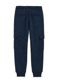 Marinblå cargobyxor i sweatpants-stil med elastisk midja, sidofickor och två cargofickor, tillverkade av texturerat tyg.