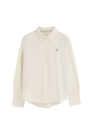 Long-sleeve cream button-up shirt with pointed collar and small navy polo player logo on the left chest.
