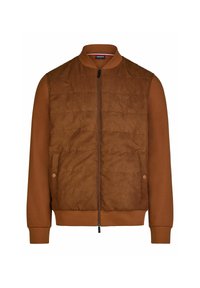 Braune Bomberjacke mit einem gesteppten Vorderteil, weichem Stoff, gerippten Bündchen und einem Reißverschluss. Sie verfügt über seitliche Taschen und einen runden Ausschnitt.