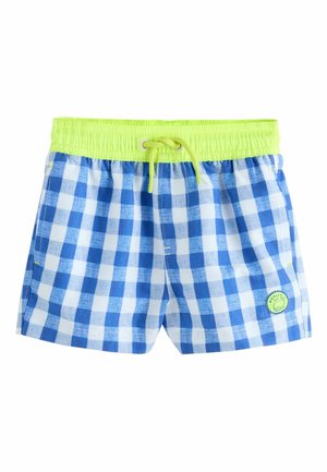 Niebiesko-białe, kratkowane spodenki kąpielowe dla dzieci z neonowozielonym elastycznym paskiem i sznurkiem, ozdobione małą okrągłą naszywką z logo wieloryba.