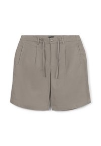 Pantaloni corti in cotone beige con vita regolabile, due tasche frontali e design frontale piatto. Tessuto liscio e taglio alla lunghezza del ginocchio.