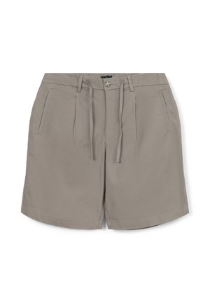 Pantaloni corti in cotone beige con vita regolabile, due tasche frontali e design frontale piatto. Tessuto liscio e taglio alla lunghezza del ginocchio.