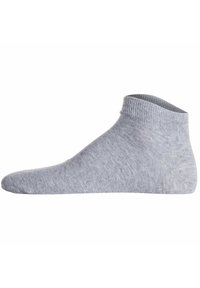Grå ankelstrømpe med ribbet kant, glat tekstur og rund tå, lavet af blødt materiale, designet til komfort og åndbarhed.