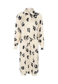 Rochie de culoare crem, cu imprimeu floral negru, mâneci lungi, guler și talie legată pentru un ajustaj personalizat.