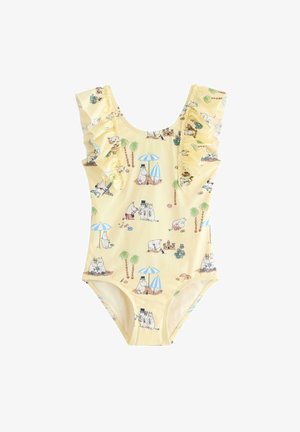 Costume da bagno giallo per bambino con maniche arruffate, caratterizzato da personaggi di ippopotami dei cartoni animati che giocano sulla spiaggia con ombrelloni e palme.