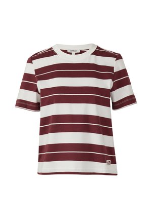Gestreept T-shirt met korte mouwen in bordeauxrood en wit. Kenmerkt een ronde hals en zachte katoen. "Good Vibes" label aan de zoom.