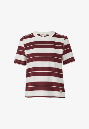 T-shirt à manches courtes rayé en bordeaux et blanc. Doté d'un col rond et en coton doux. Étiquette "Good Vibes" à l'ourlet.