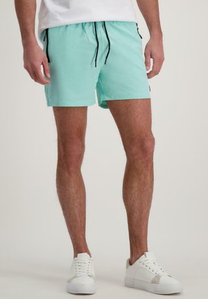 Mintgroene zwemshorts met zwarte koord, zijzakken en een lichtgewicht stof. Draag ze met witte sneakers voor een casual look.