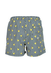 Swim shorts in striped navy and white pattern, featuring small yellow rubber duck prints. Elastic waistband with a rear pocket.