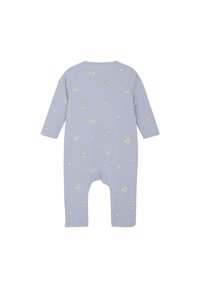 Lichtblauwe ribbelonesie met lange mouwen, met een bloemenpatroon in beige. Open beenuitsnijding voor gemakkelijke verschoning.