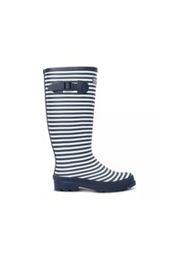 Bottes de pluie en caoutchouc hautes avec rayures horizontales bleu marine et blanches et une boucle latérale noire réglable.