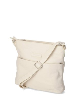 Cremefarbene Leder-Crossbody-Tasche mit verstellbarem Riemen und Frontfach, rechteckige Form, minimalistisches Design.