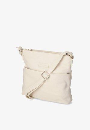 Cremefarbene Leder-Crossbody-Tasche mit verstellbarem Riemen und Frontfach, rechteckige Form, minimalistisches Design.