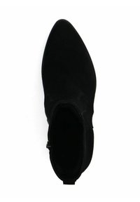 Stivale alla caviglia nero in suede con punta affusolata, superficie liscia e chiusura con zip laterale. Design minimalista, senza hardware visibile o motivi.