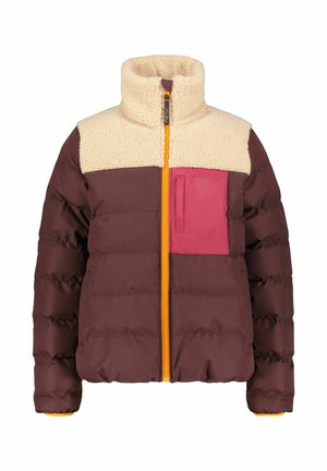 Puffy jacket with a brown exterior, cream fleece collar, pink chest pocket, orange zipper, and stitched segments for insulation.