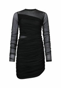 Musta mekko, jossa on vartalonmyötäinen siluetti, läpikuultavat pitkät hihat, ryppyinen yksityiskohtaisuus kauttaaltaan ja koristellut korostukset pääntiellä.