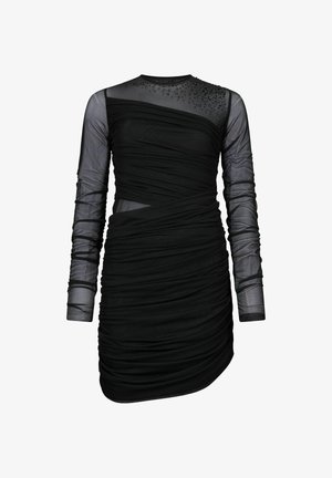 Crna haljina s pripijenim krojem, prozirnim dugim rukavima, naboranim detaljima po cijeloj površini i ukrasima na izrezu.