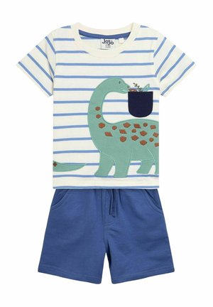 Short-sleeve striped shirt in cream and blue with a green dinosaur pocket design. Paired with navy blue shorts featuring side pockets.