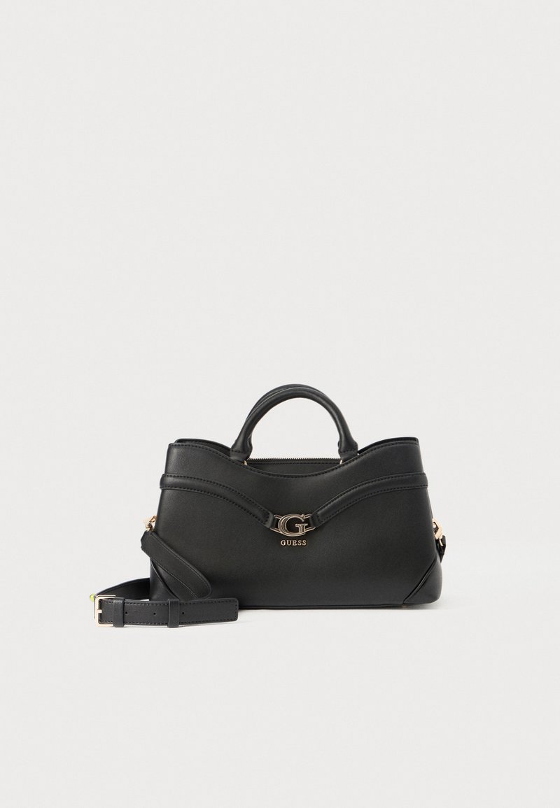 Black leather handbag with a smooth texture, featuring dual handles, an adjustable strap, and a gold logo accent on the front.