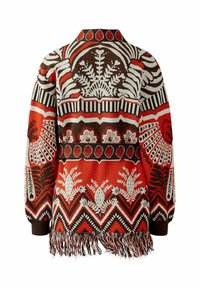 Langärmliger Strickpullover mit geometrischen und floralen Mustern in Braun, Orange, Creme und Rot, mit Fransenbesatz am Saum.