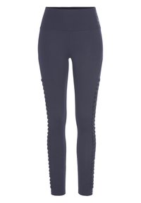Leggings navy con vita alta, caratterizzati da pannelli laterali testurizzati con un design arricciato. Realizzati in un tessuto elasticizzato e liscio.