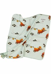 Cotton blanket with playful pattern featuring brown cows, birds, and clouds on a light green striped background. Fastener on one corner.