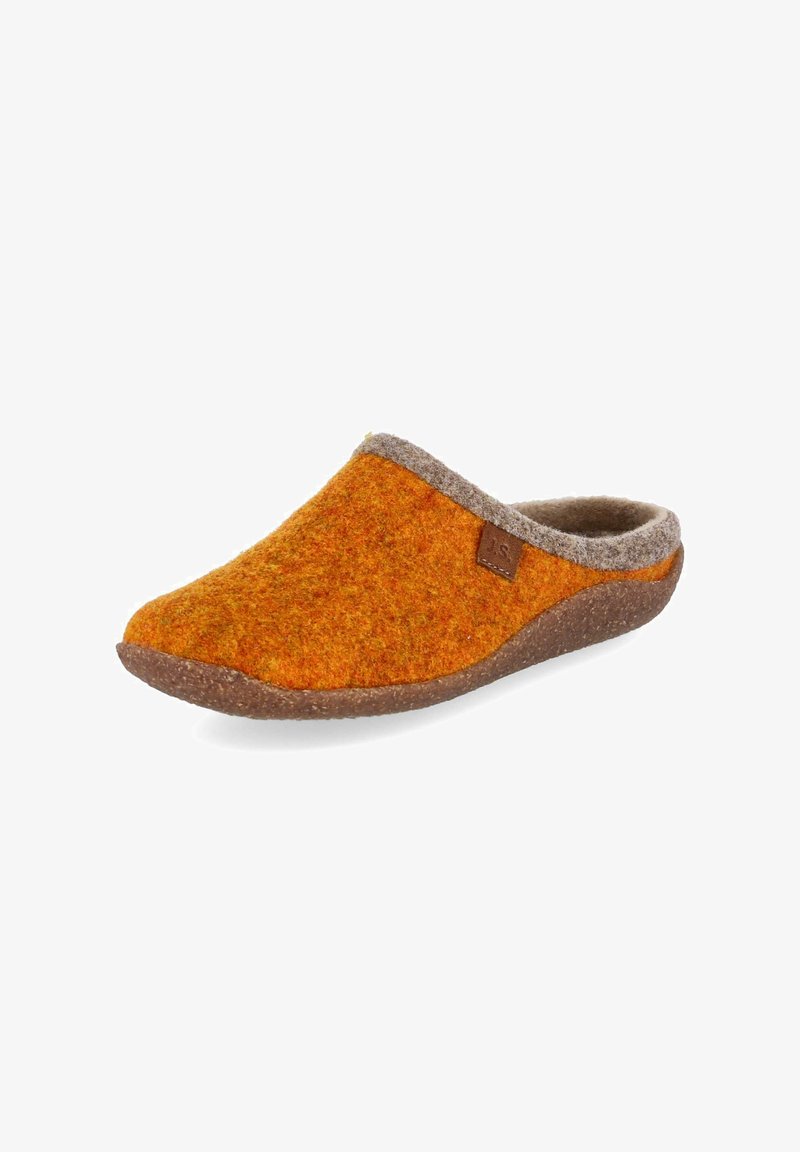 Chausson orange en feutre doux, facile à enfiler, avec une bordure grise, une semelle coussinée et un talon bas pour un port intérieur confortable.