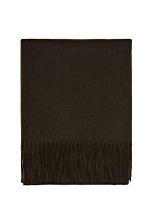Sciarpa marrone scuro realizzata in tessuto morbido, con forma rettangolare e bordi lunghi e frangiati per un tocco di texture.