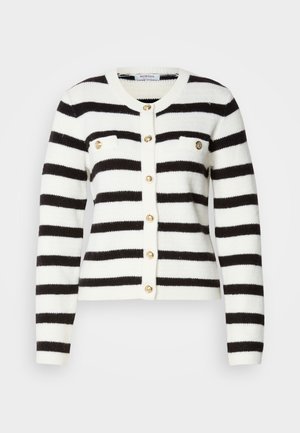 Black and white striped cardigan with long sleeves, round neckline, golden buttons, and two chest pockets. Knit texture and fitted shape.