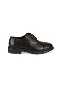 Chaussure oxford pour homme en cuir noir avec bout capuchon, fermeture à lacets et semelle texturée, présentée de l'extérieur sur un fond blanc.