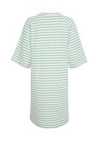 Tricou cu mânecă scurtă, cu dungi, de culoare crem deschis, cu dungi turcoaz și gri deschis. Material moale, croială lejeră, tiv rotunjit.